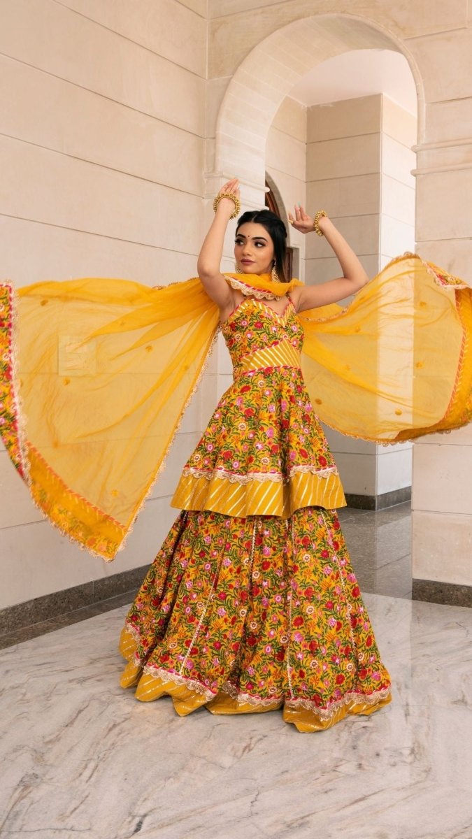 HALDI YELLOW HAND BLOCK COTTON PRINT WITH LACE WORK LEHENGA AND ORGANZA DUPATTA SET - Pomcha Jaipur