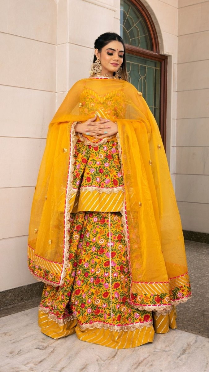 HALDI YELLOW HAND BLOCK COTTON PRINT WITH LACE WORK LEHENGA AND ORGANZA DUPATTA SET - Pomcha Jaipur