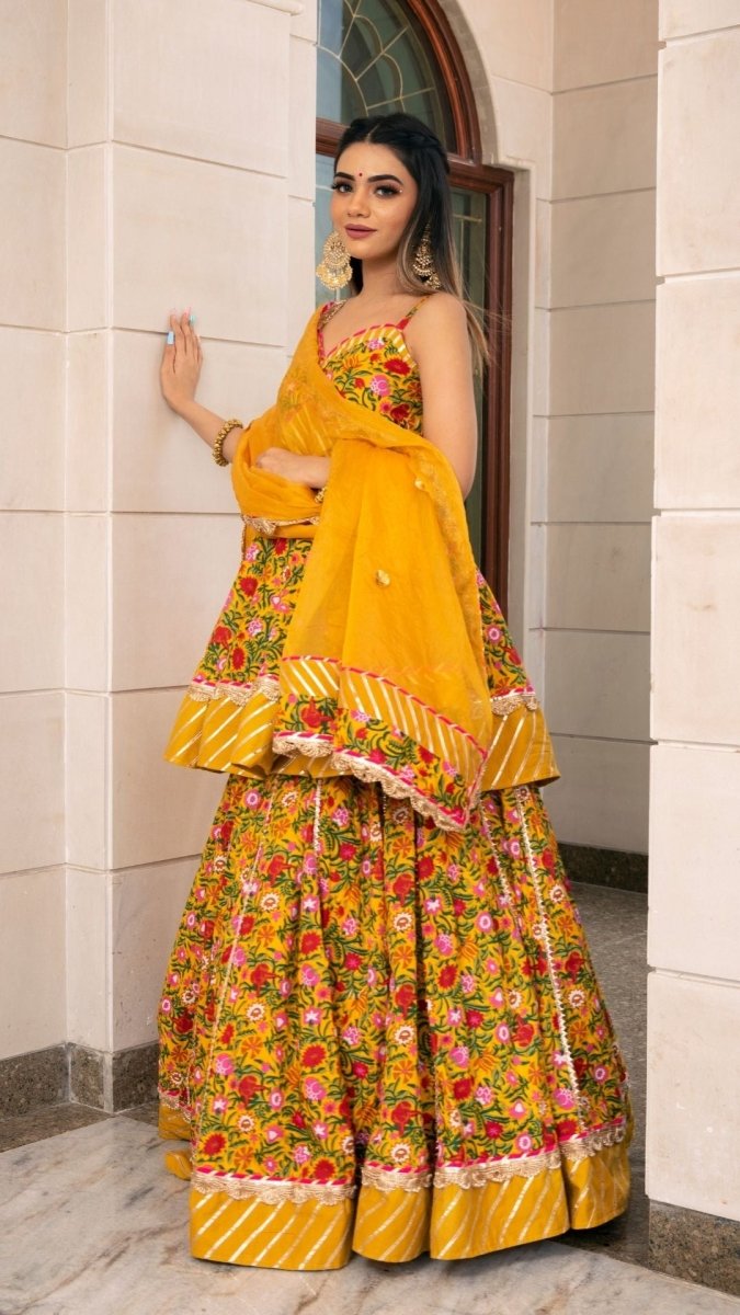 HALDI YELLOW HAND BLOCK COTTON PRINT WITH LACE WORK LEHENGA AND ORGANZA DUPATTA SET - Pomcha Jaipur