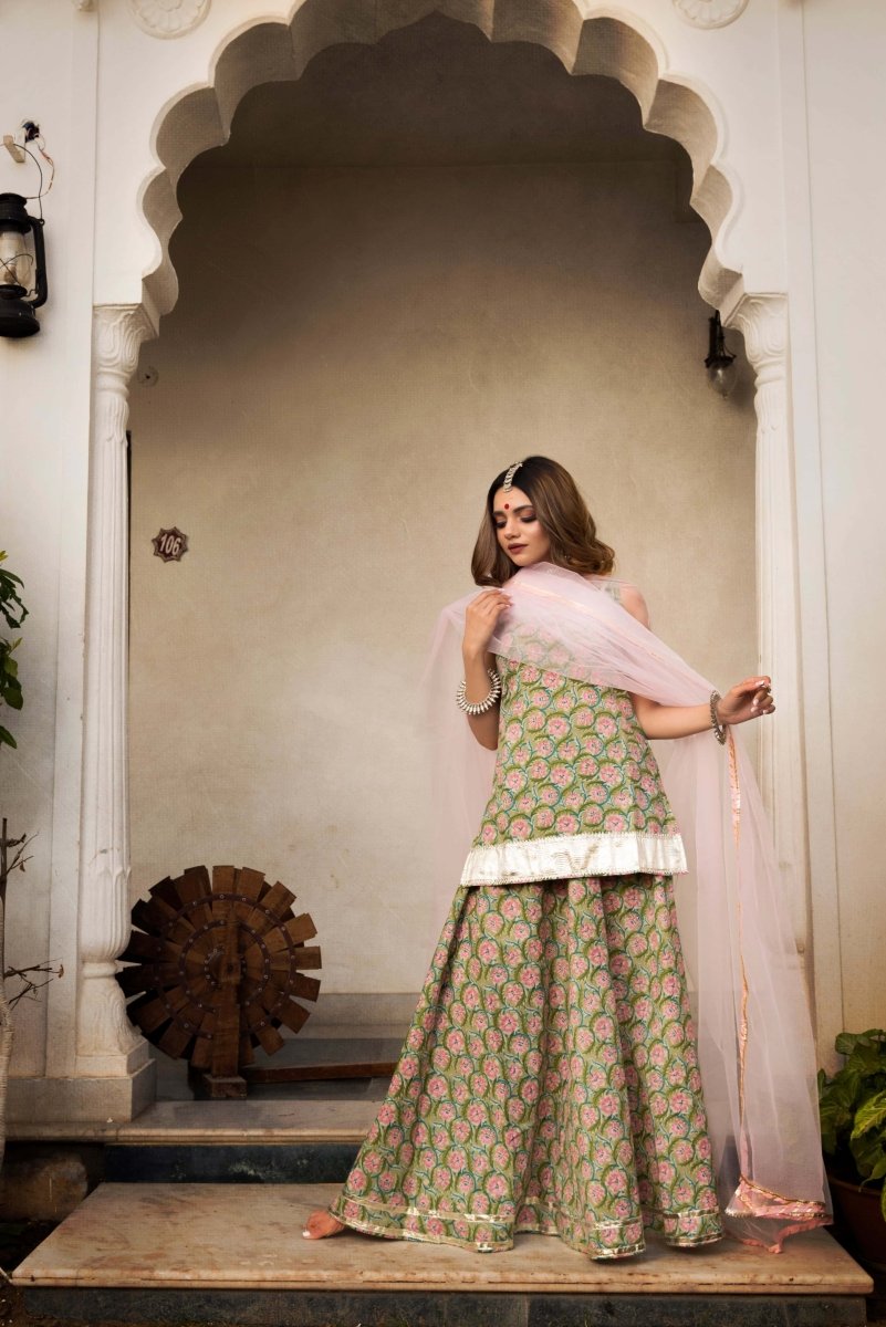 Hand Block Print Cotton Kurta Skirt Set - Pomcha Jaipur