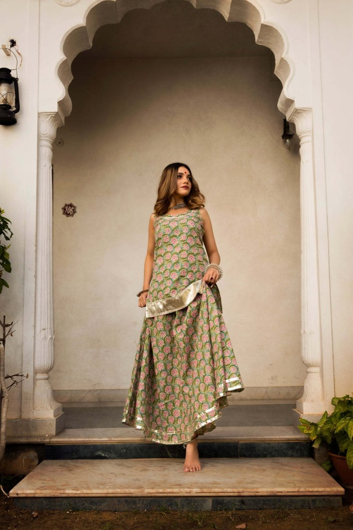 Hand Block Print Cotton Kurta Skirt Set - Pomcha Jaipur