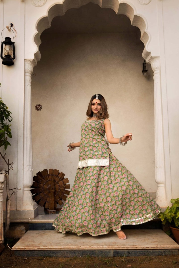 Hand Block Print Cotton Kurta Skirt Set - Pomcha Jaipur