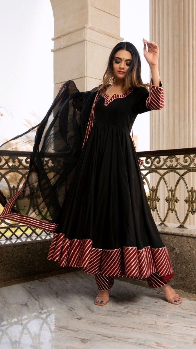HINA BLACK AND MAROON COTTON SILK ANARKALI WITH ORGANZA LACE WORK DUPATTA SET - Pomcha Jaipur