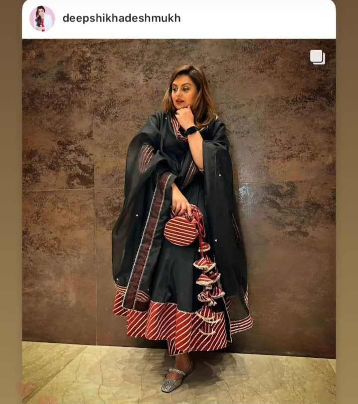 HINA BLACK AND MAROON COTTON SILK ANARKALI WITH ORGANZA LACE WORK DUPATTA SET - Pomcha Jaipur