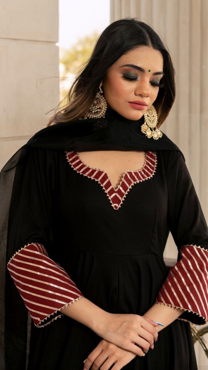 HINA BLACK AND MAROON COTTON SILK ANARKALI WITH ORGANZA LACE WORK DUPATTA SET - Pomcha Jaipur