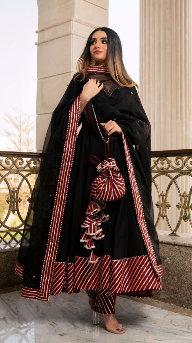 HINA BLACK AND MAROON COTTON SILK ANARKALI WITH ORGANZA LACE WORK DUPATTA SET - Pomcha Jaipur