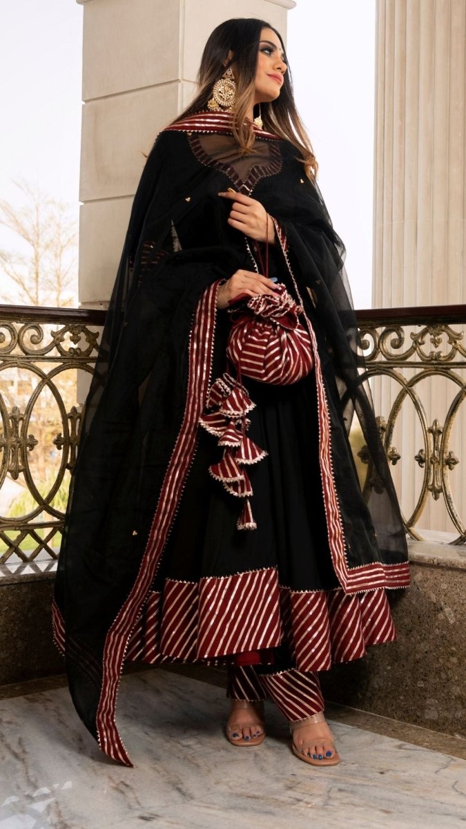 HINA BLACK AND MAROON COTTON SILK ANARKALI WITH ORGANZA LACE WORK DUPATTA SET - Pomcha Jaipur