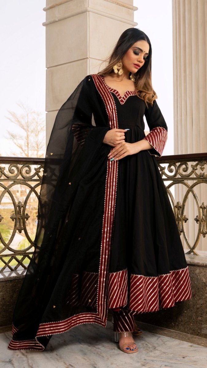 HINA BLACK AND MAROON COTTON SILK ANARKALI WITH ORGANZA LACE WORK DUPATTA SET - Pomcha Jaipur