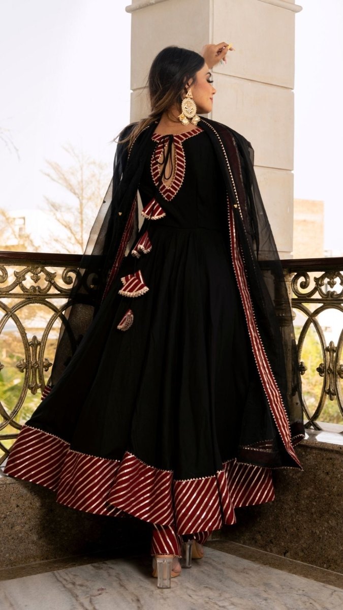 HINA BLACK AND MAROON COTTON SILK ANARKALI WITH ORGANZA LACE WORK DUPATTA SET - Pomcha Jaipur