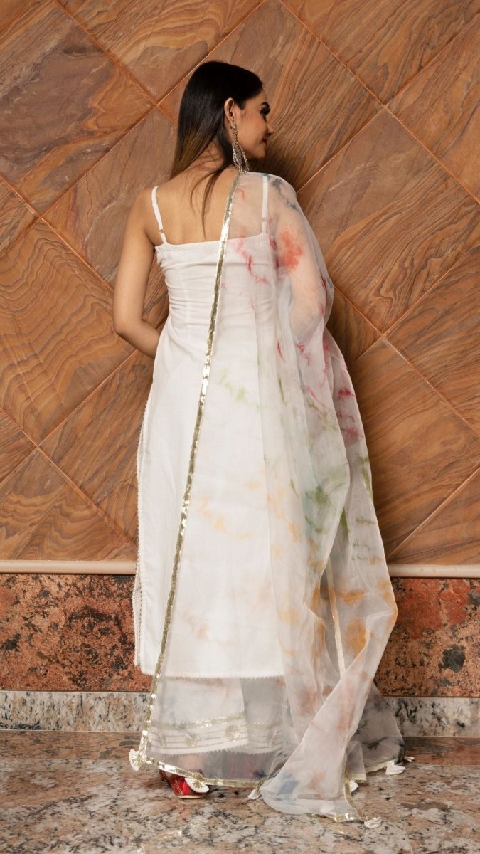 HOLI WHITE COTTON SUIT SET WITH ORGANZA DUPATTA - Pomcha Jaipur