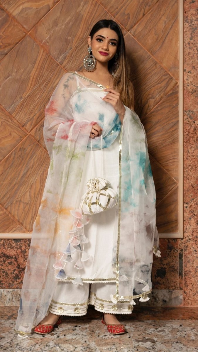 HOLI WHITE COTTON SUIT SET WITH ORGANZA DUPATTA - Pomcha Jaipur