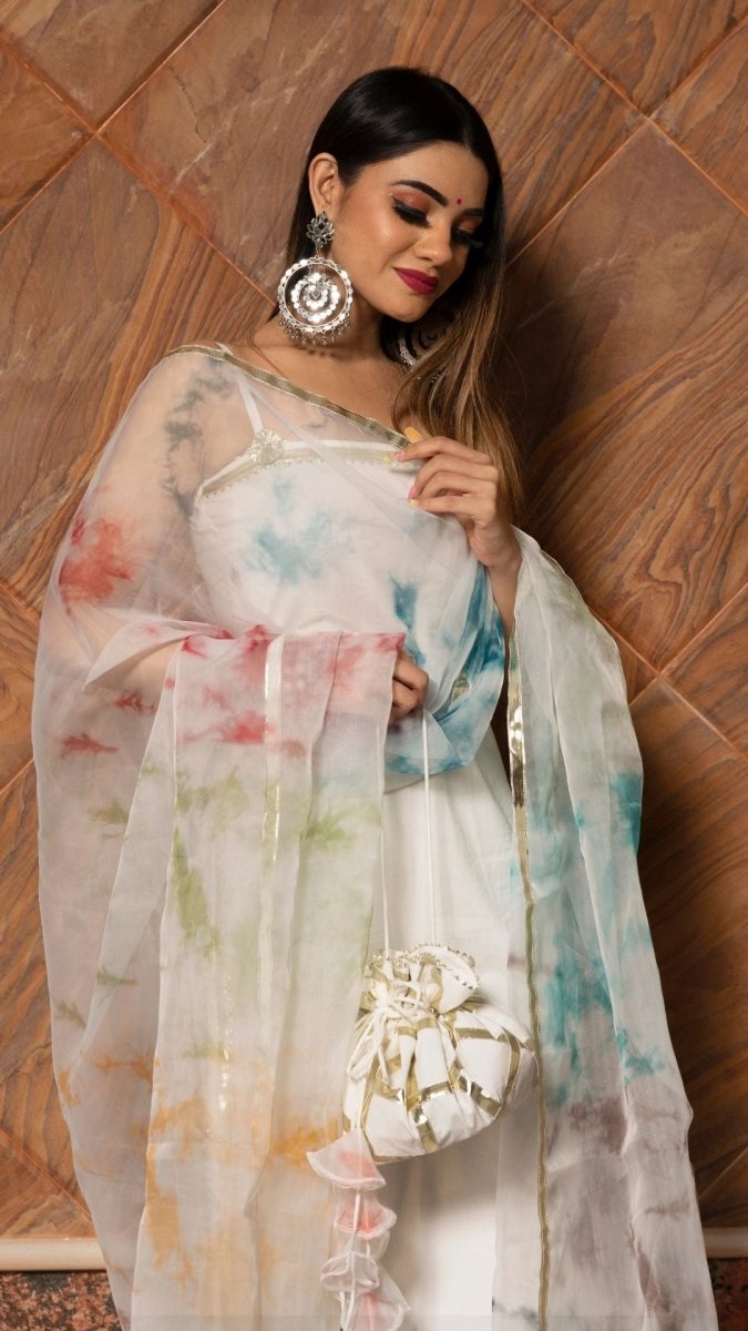 HOLI WHITE COTTON SUIT SET WITH ORGANZA DUPATTA - Pomcha Jaipur