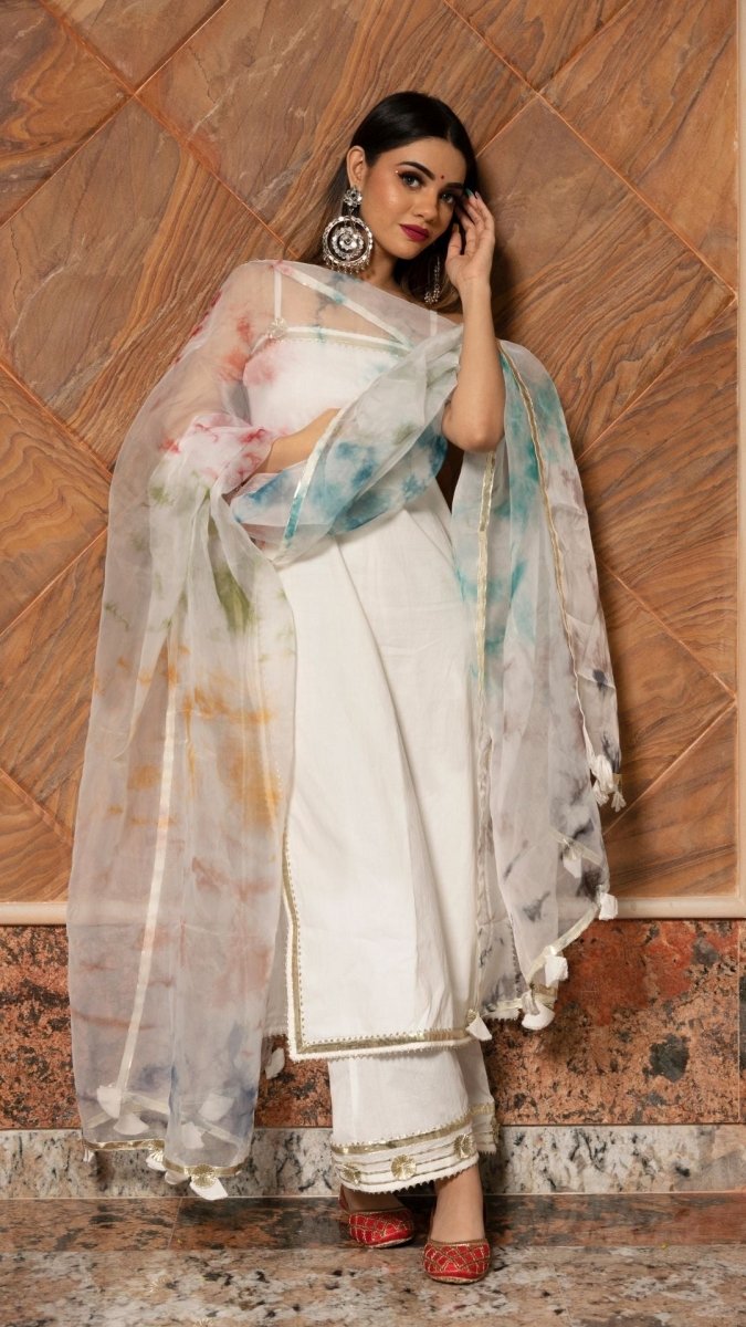 HOLI WHITE COTTON SUIT SET WITH ORGANZA DUPATTA - Pomcha Jaipur