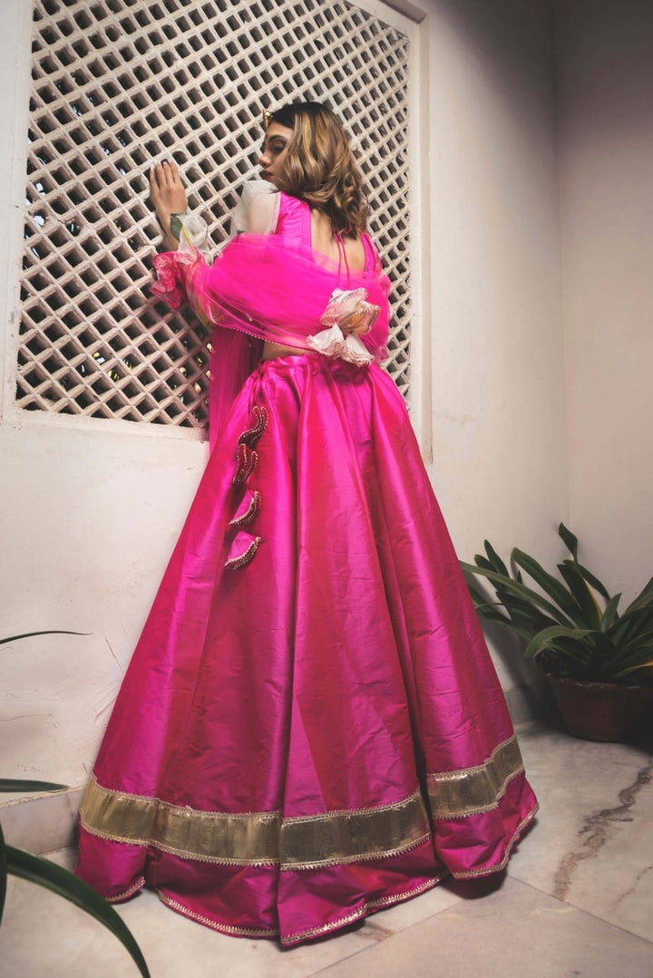 Hot Pink Taffeta silk Lehenga with soft net dupatta - Pomcha Jaipur