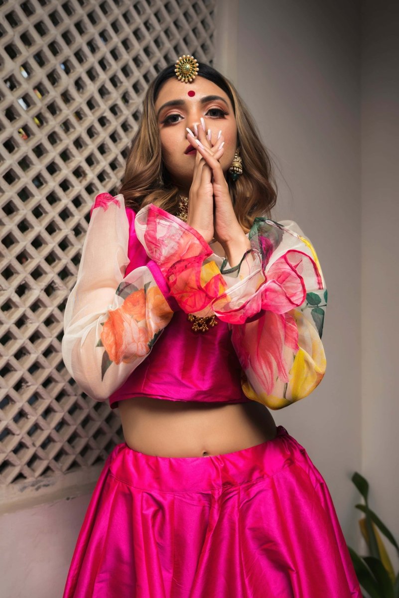 Hot Pink Taffeta silk Lehenga with soft net dupatta - Pomcha Jaipur