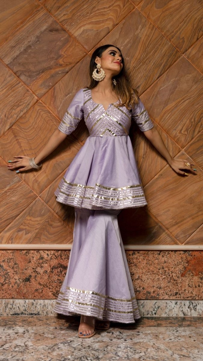 IBADAT LILAC COTTON SILK SHARARA SET WITH JAAL WORK ORGANZA DUPATTA - Pomcha Jaipur