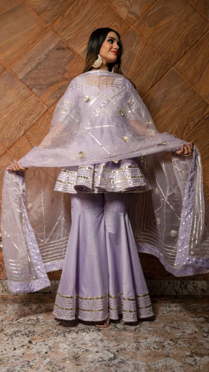 IBADAT LILAC COTTON SILK SHARARA SET WITH JAAL WORK ORGANZA DUPATTA - Pomcha Jaipur