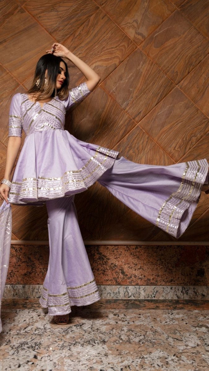 IBADAT LILAC COTTON SILK SHARARA SET WITH JAAL WORK ORGANZA DUPATTA - Pomcha Jaipur