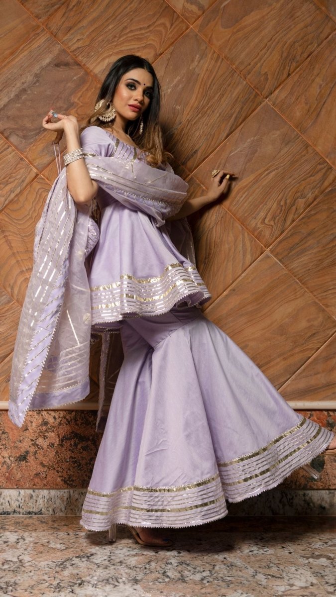IBADAT LILAC COTTON SILK SHARARA SET WITH JAAL WORK ORGANZA DUPATTA - Pomcha Jaipur