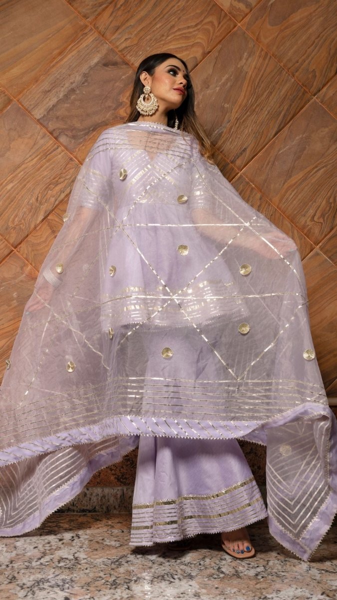 IBADAT LILAC COTTON SILK SHARARA SET WITH JAAL WORK ORGANZA DUPATTA - Pomcha Jaipur