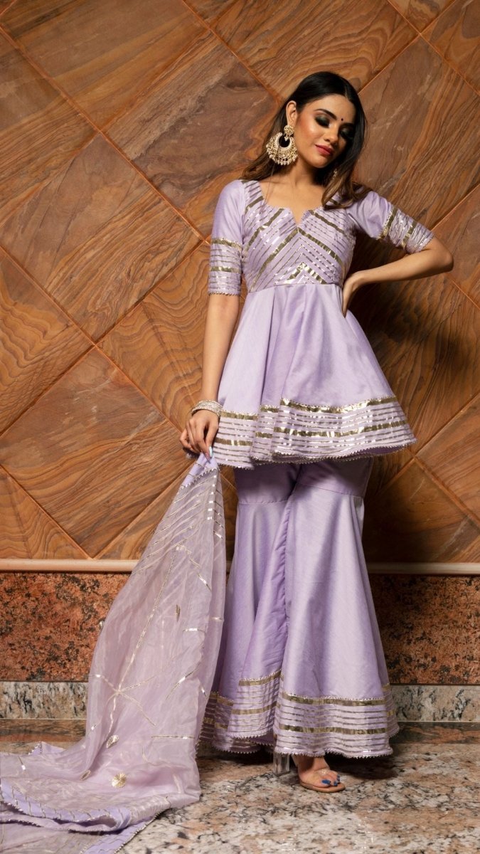 IBADAT LILAC COTTON SILK SHARARA SET WITH JAAL WORK ORGANZA DUPATTA - Pomcha Jaipur