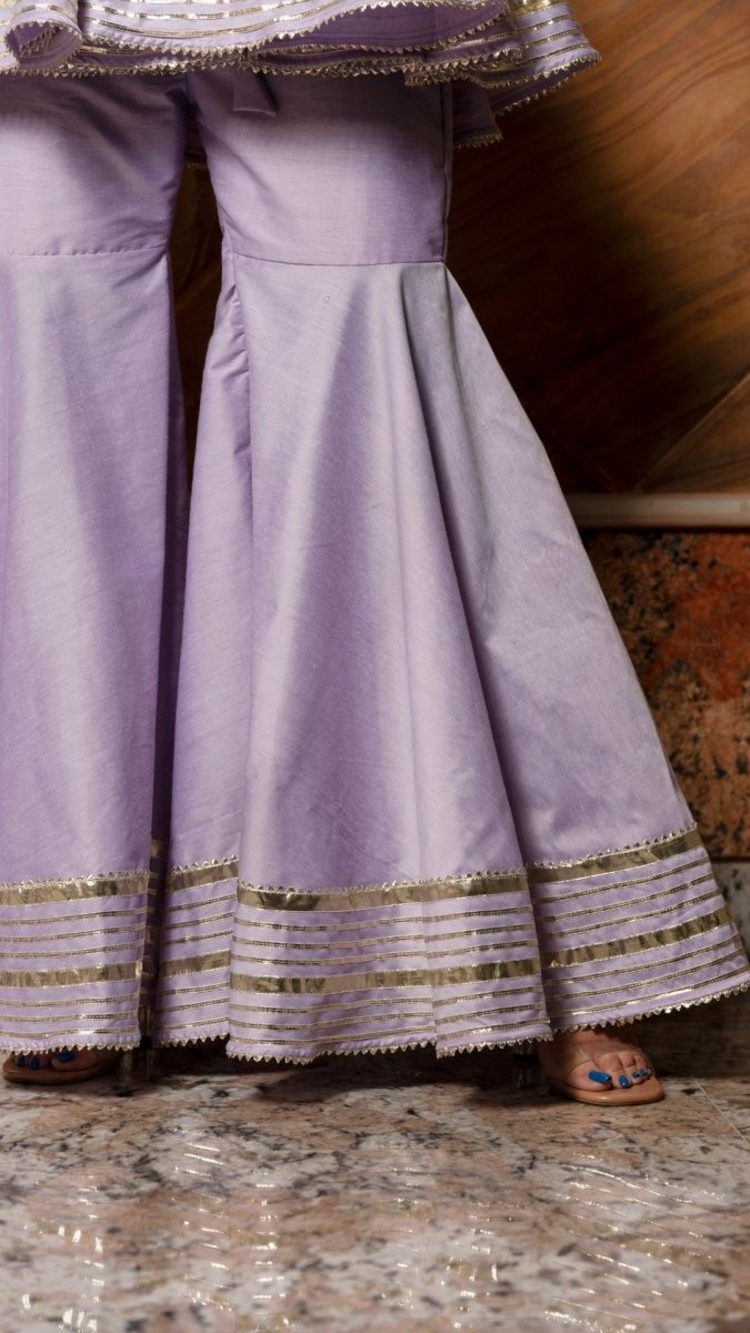 IBADAT LILAC COTTON SILK SHARARA SET WITH JAAL WORK ORGANZA DUPATTA - Pomcha Jaipur