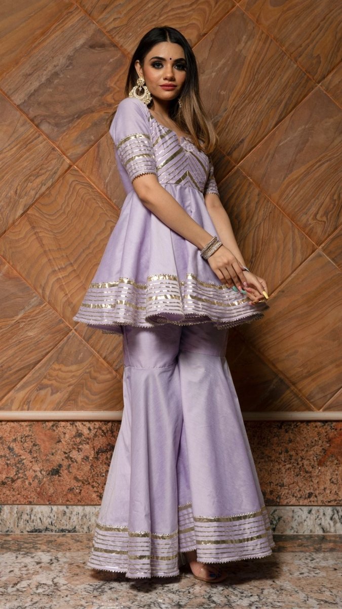 IBADAT LILAC COTTON SILK SHARARA SET WITH JAAL WORK ORGANZA DUPATTA - Pomcha Jaipur