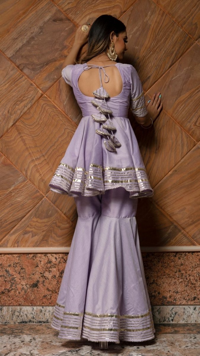 IBADAT LILAC COTTON SILK SHARARA SET WITH JAAL WORK ORGANZA DUPATTA - Pomcha Jaipur