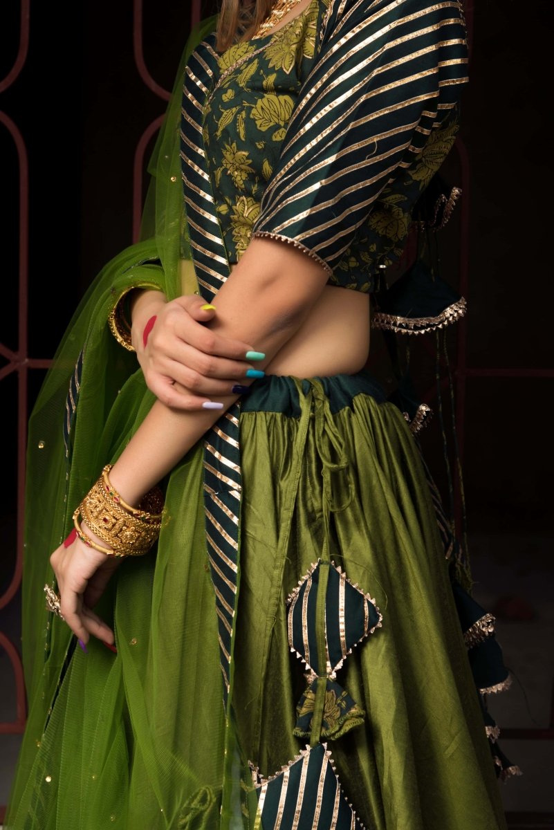 IDIKA GREEN COTTON SILK LEHENGA with soft net dupatta set - Pomcha Jaipur
