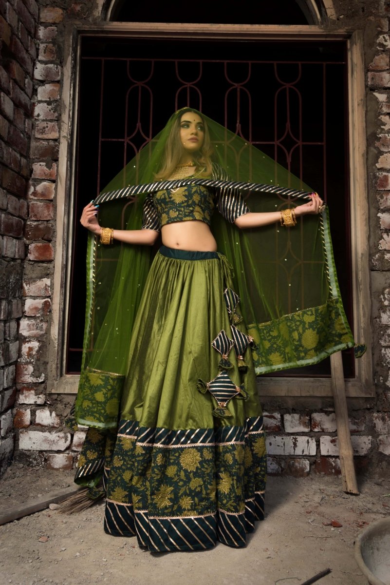IDIKA GREEN COTTON SILK LEHENGA with soft net dupatta set - Pomcha Jaipur
