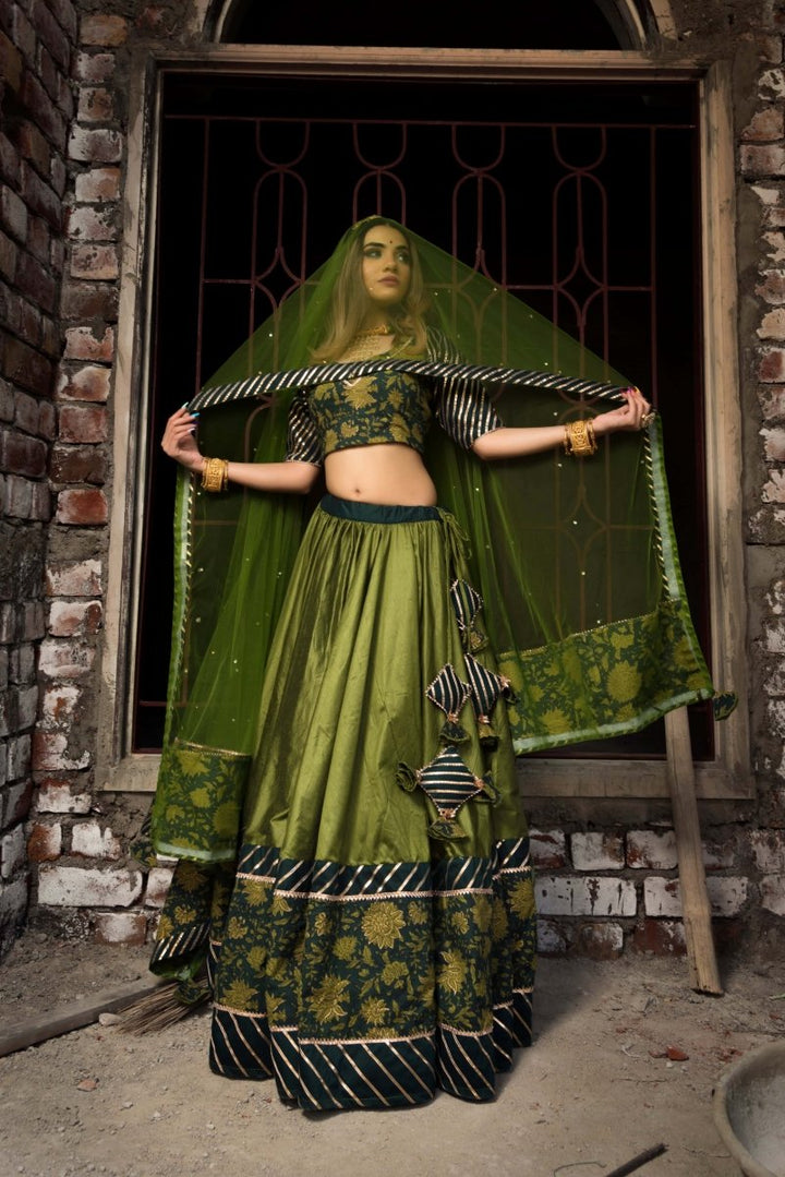 IDIKA GREEN COTTON SILK LEHENGA with soft net dupatta set - Pomcha Jaipur
