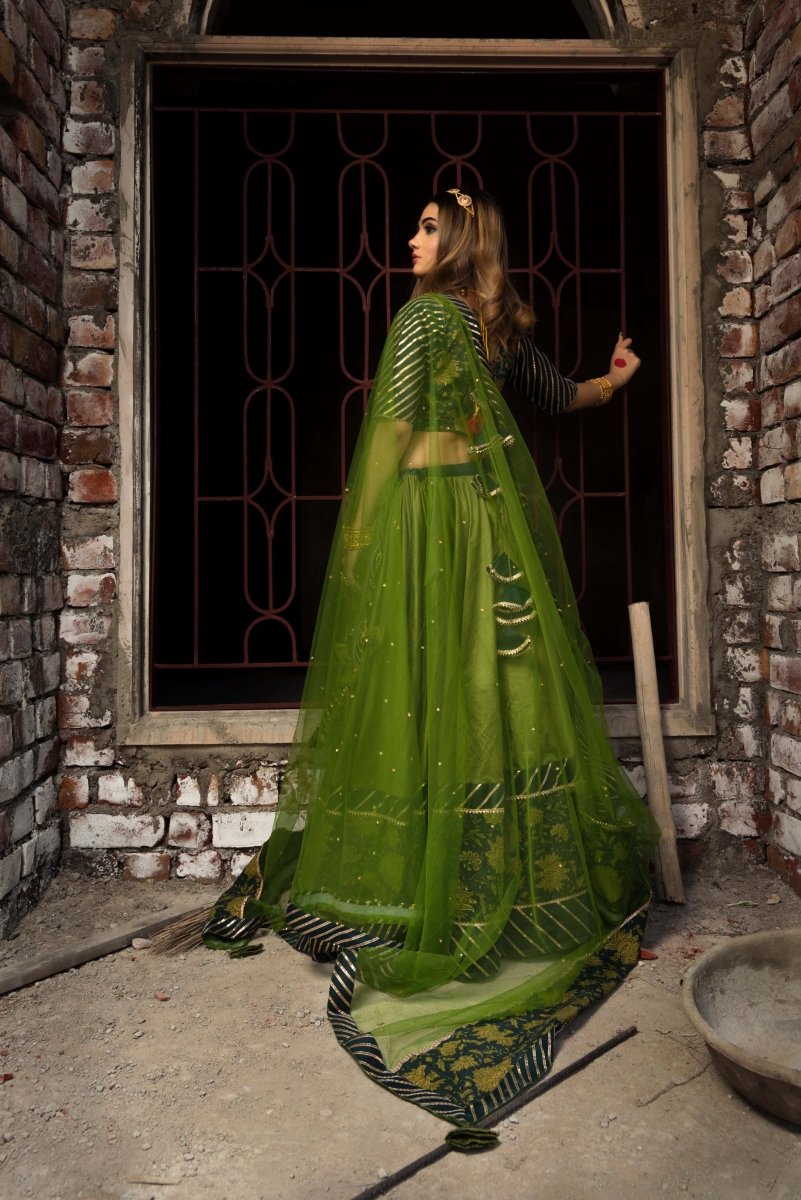 IDIKA GREEN COTTON SILK LEHENGA with soft net dupatta set - Pomcha Jaipur