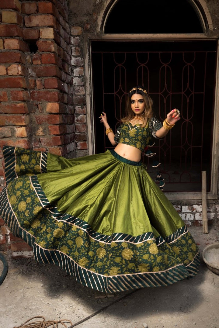 IDIKA GREEN COTTON SILK LEHENGA with soft net dupatta set - Pomcha Jaipur