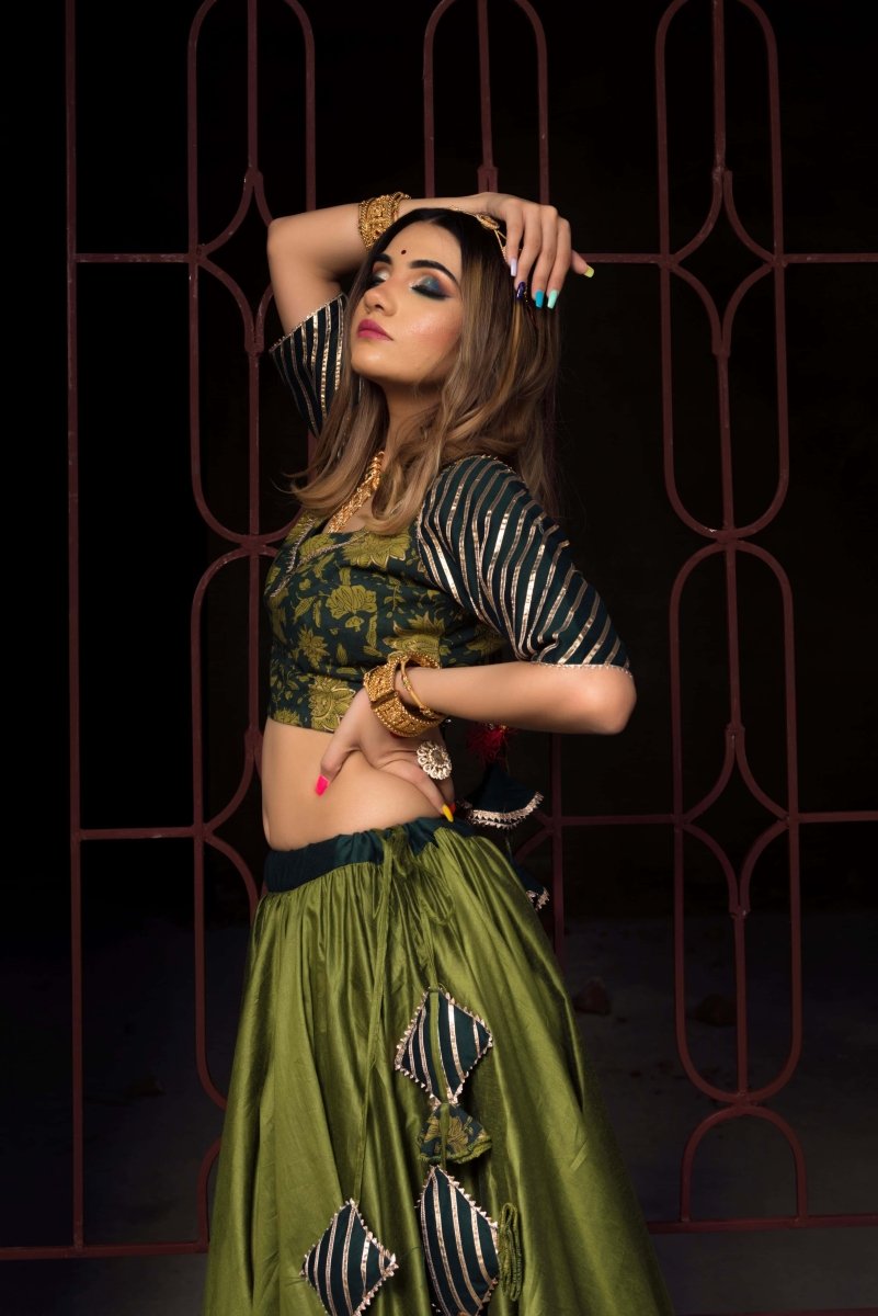 IDIKA GREEN COTTON SILK LEHENGA with soft net dupatta set - Pomcha Jaipur