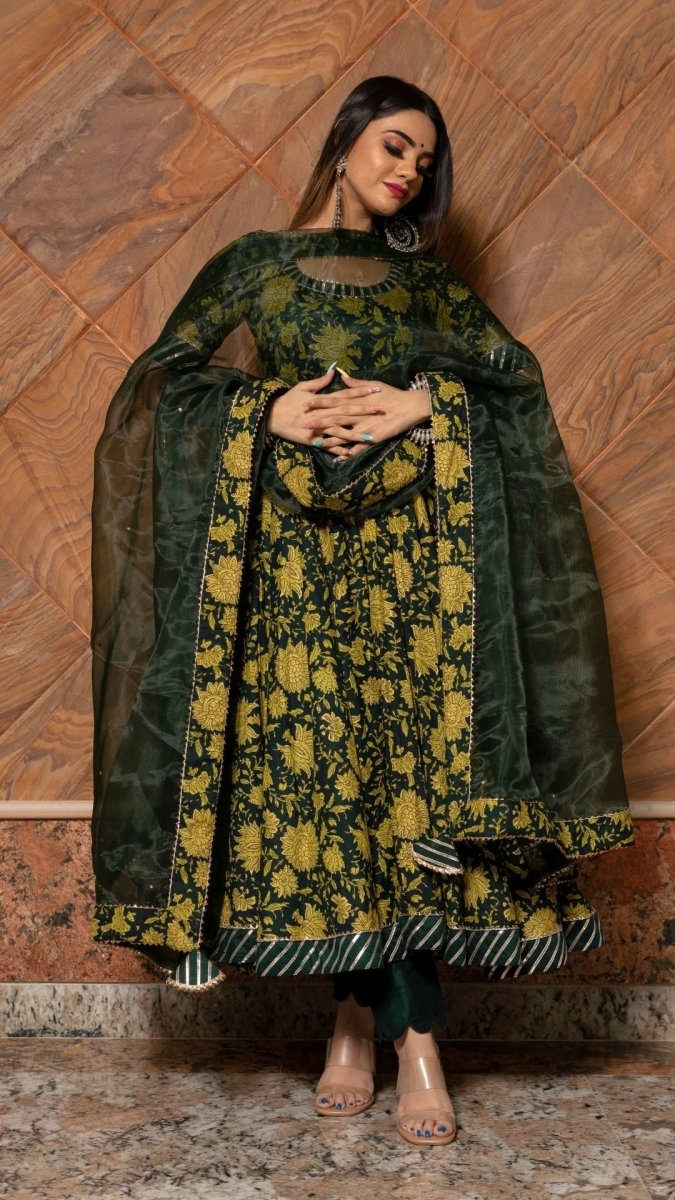 IDIKA GREEN HAND BLOCK ANARKALI SET - Pomcha Jaipur