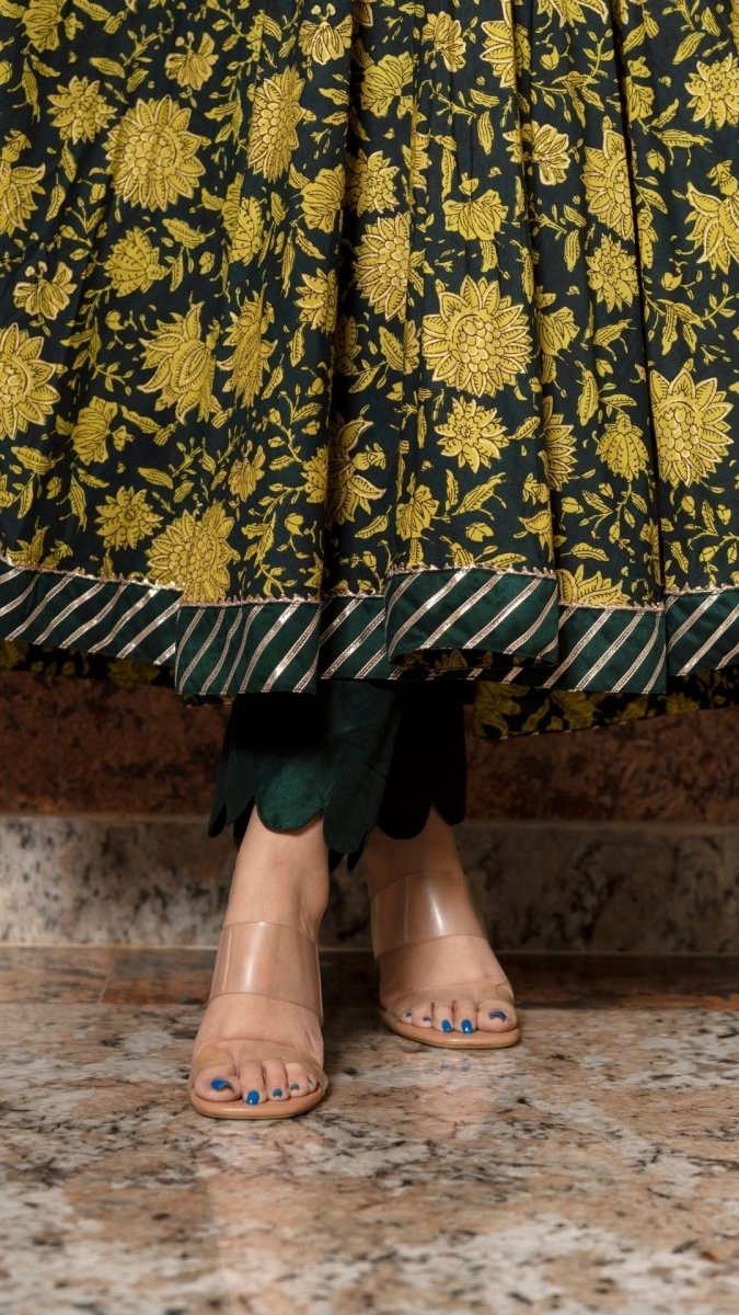 IDIKA GREEN HAND BLOCK ANARKALI SET - Pomcha Jaipur