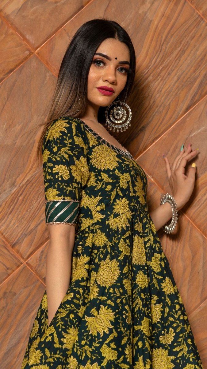 IDIKA GREEN HAND BLOCK ANARKALI SET - Pomcha Jaipur