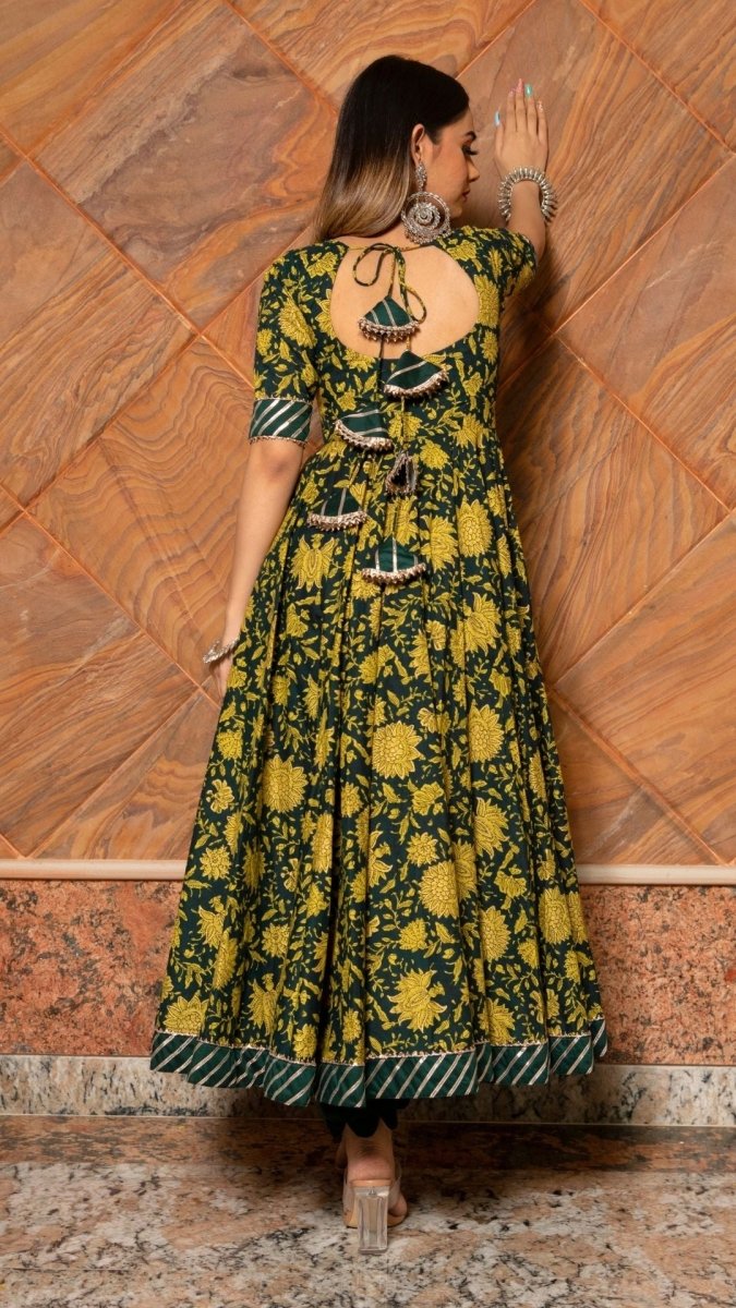 IDIKA GREEN HAND BLOCK ANARKALI SET - Pomcha Jaipur