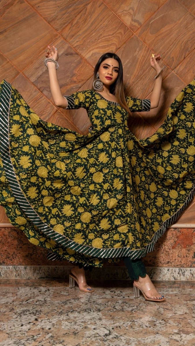 IDIKA GREEN HAND BLOCK ANARKALI SET - Pomcha Jaipur