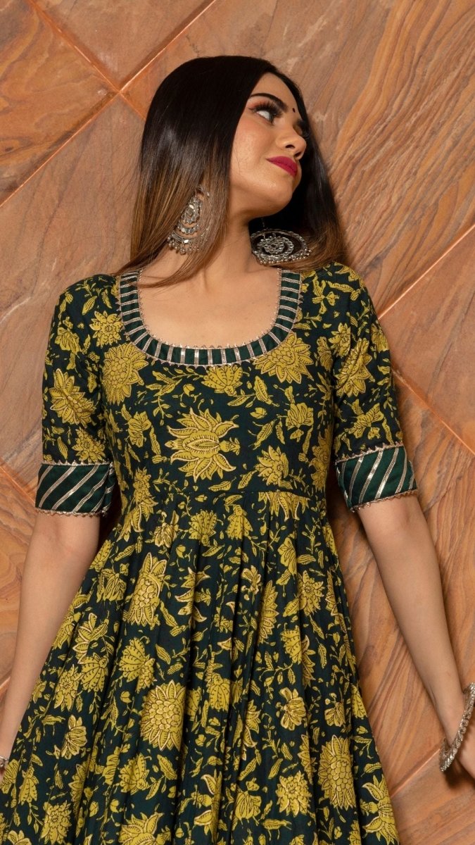 IDIKA GREEN HAND BLOCK ANARKALI SET - Pomcha Jaipur
