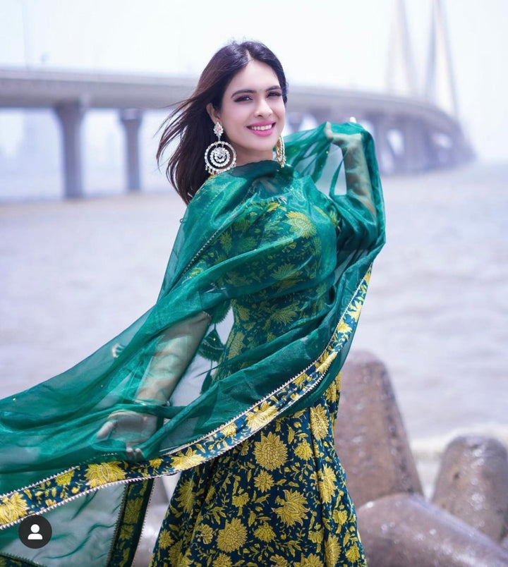 IDIKA GREEN HAND BLOCK ANARKALI SET - Pomcha Jaipur