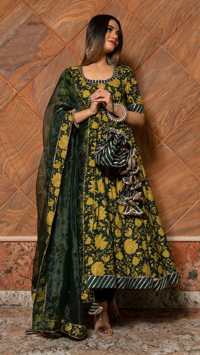 IDIKA GREEN HAND BLOCK ANARKALI SET - Pomcha Jaipur