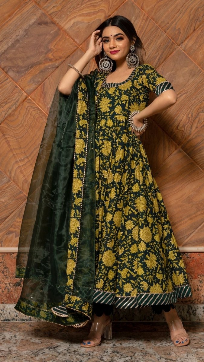IDIKA GREEN HAND BLOCK ANARKALI SET - Pomcha Jaipur