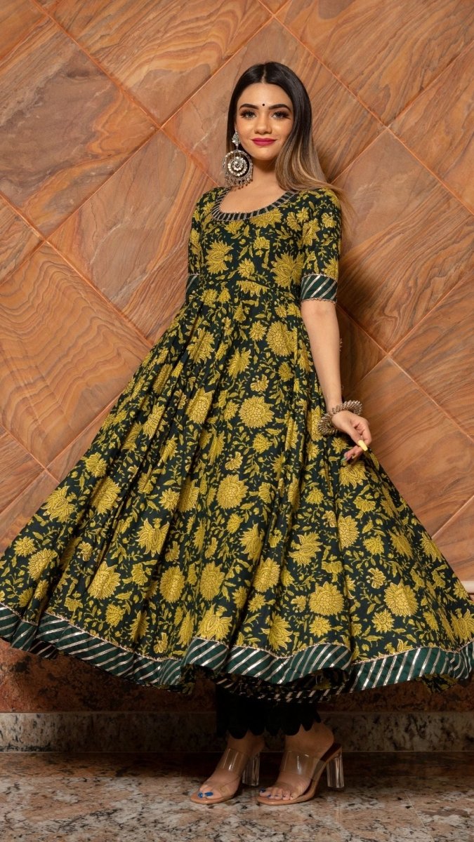 IDIKA GREEN HAND BLOCK ANARKALI SET - Pomcha Jaipur