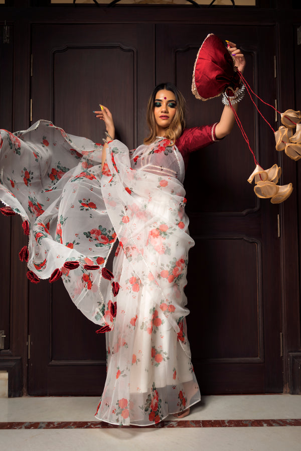RED AND WHITE ORGANZA SAREE - Pomcha Jaipur