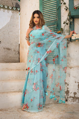 CHAAND BLUE & RED ORGANZA SAREE - Pomcha Jaipur