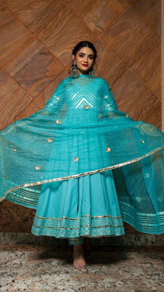 INAYAT BLUE COTTON ANARKALI SET WITH ORGANZA DUPATTA - Pomcha Jaipur