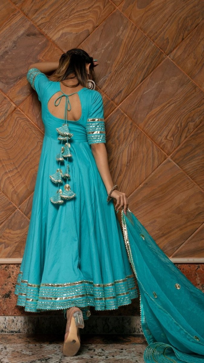 INAYAT BLUE COTTON ANARKALI SET WITH ORGANZA DUPATTA - Pomcha Jaipur