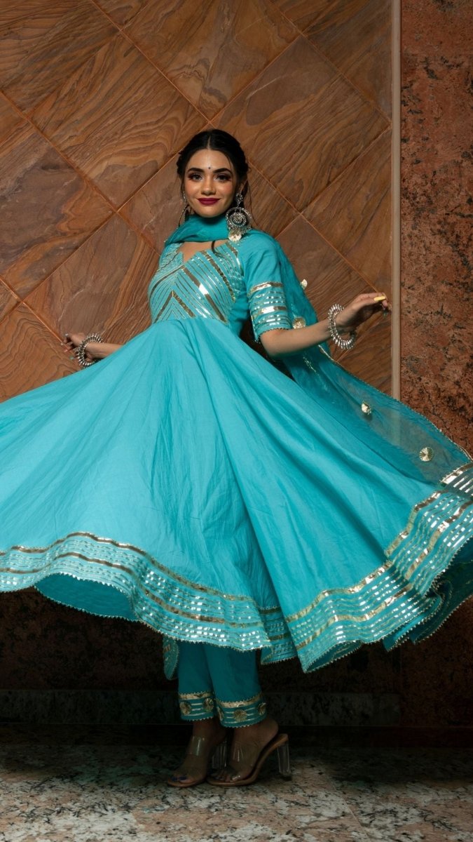 INAYAT BLUE COTTON ANARKALI SET WITH ORGANZA DUPATTA - Pomcha Jaipur