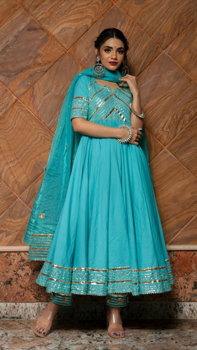 INAYAT BLUE COTTON ANARKALI SET WITH ORGANZA DUPATTA - Pomcha Jaipur